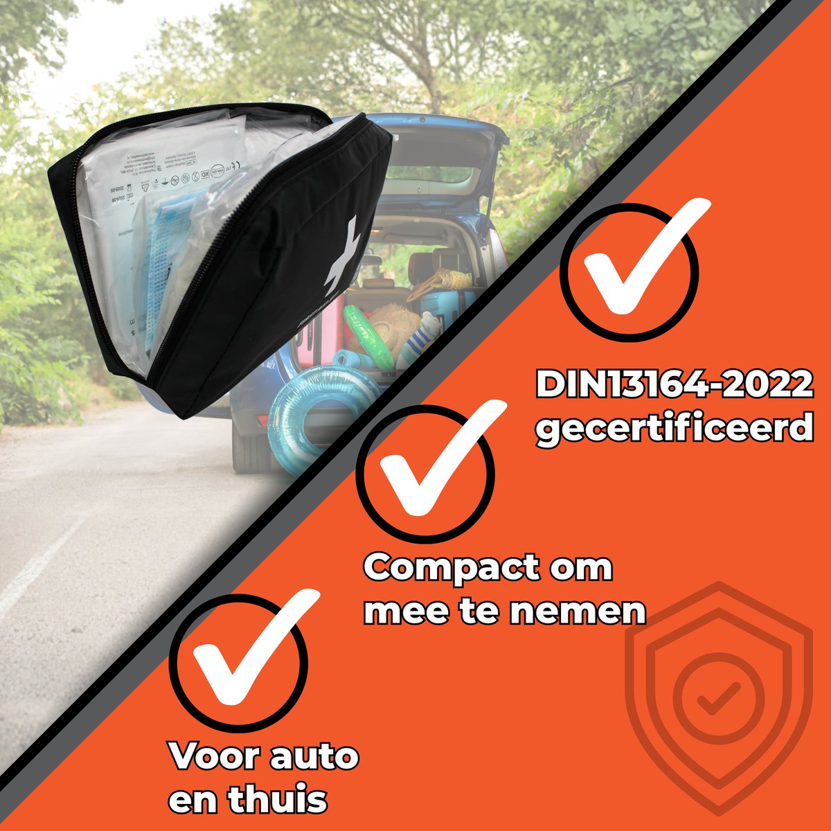 Technosafety EHBO Kit DIN13164-2022 - Verbanddoos in Tas - Verbandtas Auto - Eerste Hulp Kit voor Vakantie en Reis - First Aid Kit – foto 3