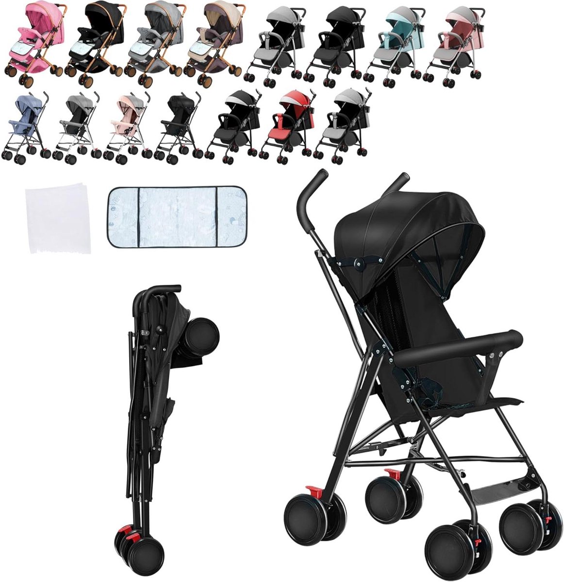Wandelwagen met koelmat en muggennet, compacte kinderwagen, opvouwbaar, voor baby's en kinderen, kinderwagen tot 25 kg (zwart, alleen in zitmodus)