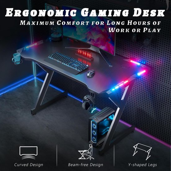 Gamingbureau met LED - Computertafel Werkstation - Gamen en Studeren - Koolstofvezel Oppervlak - 100 x 60 cm - Zwart — afbeelding 5