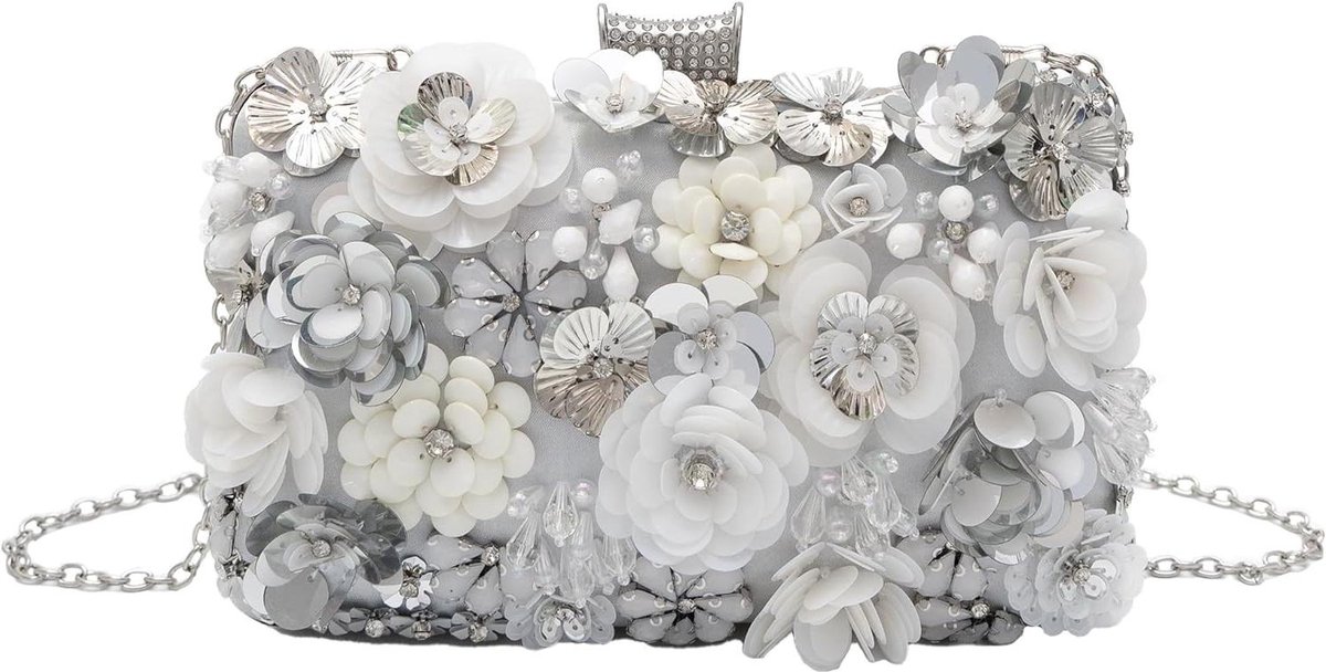 Floral Evening Bag for Women Beaded Clutch Wallet with Sequins & Rhinestone Wedding Party Handbag with Chains