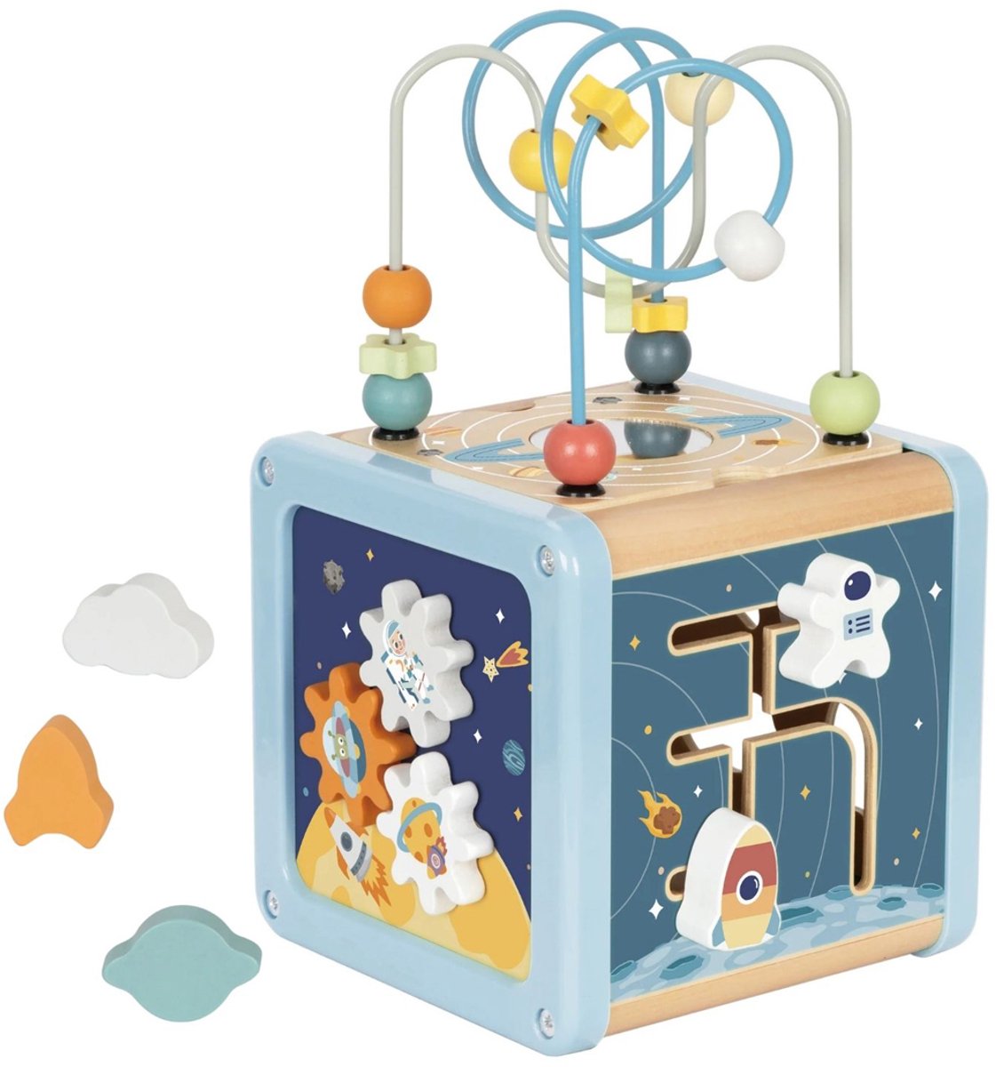 Tooky Toy Activiteitenkubus - Ruimte-Thema - FSC Hout - 6-Delig: Kralenspiraal, Telraam en meer - Geschikt voor 1+ Jaar (Dreumes) - Educatief & Montessori Speelgoed