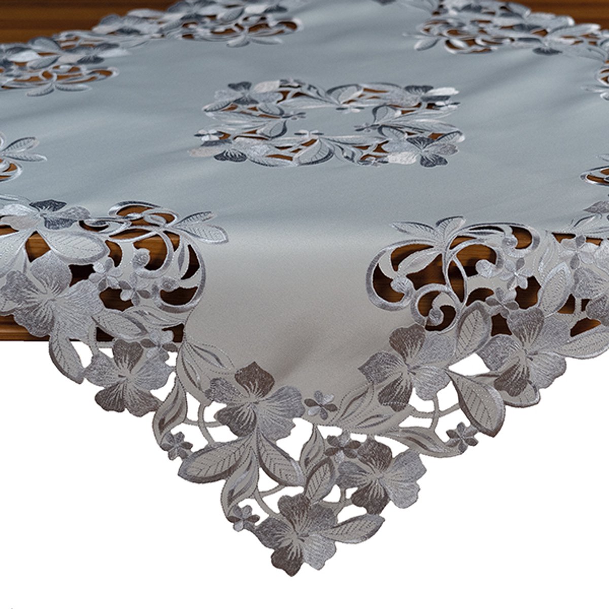 Tafelkleed grijs met geborduurde bloemen – vierkant 85 x 85 cm