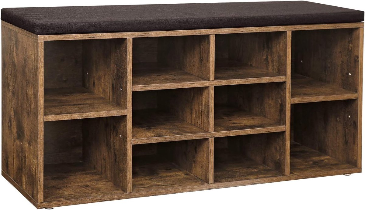 Furnstar Schoenenbank – Opbergbank met Gevoerde Zitting – Entreebank met 10 Vakken – 30 x 104 x 48 cm – Rustiek Bruin & Kastanjebruin