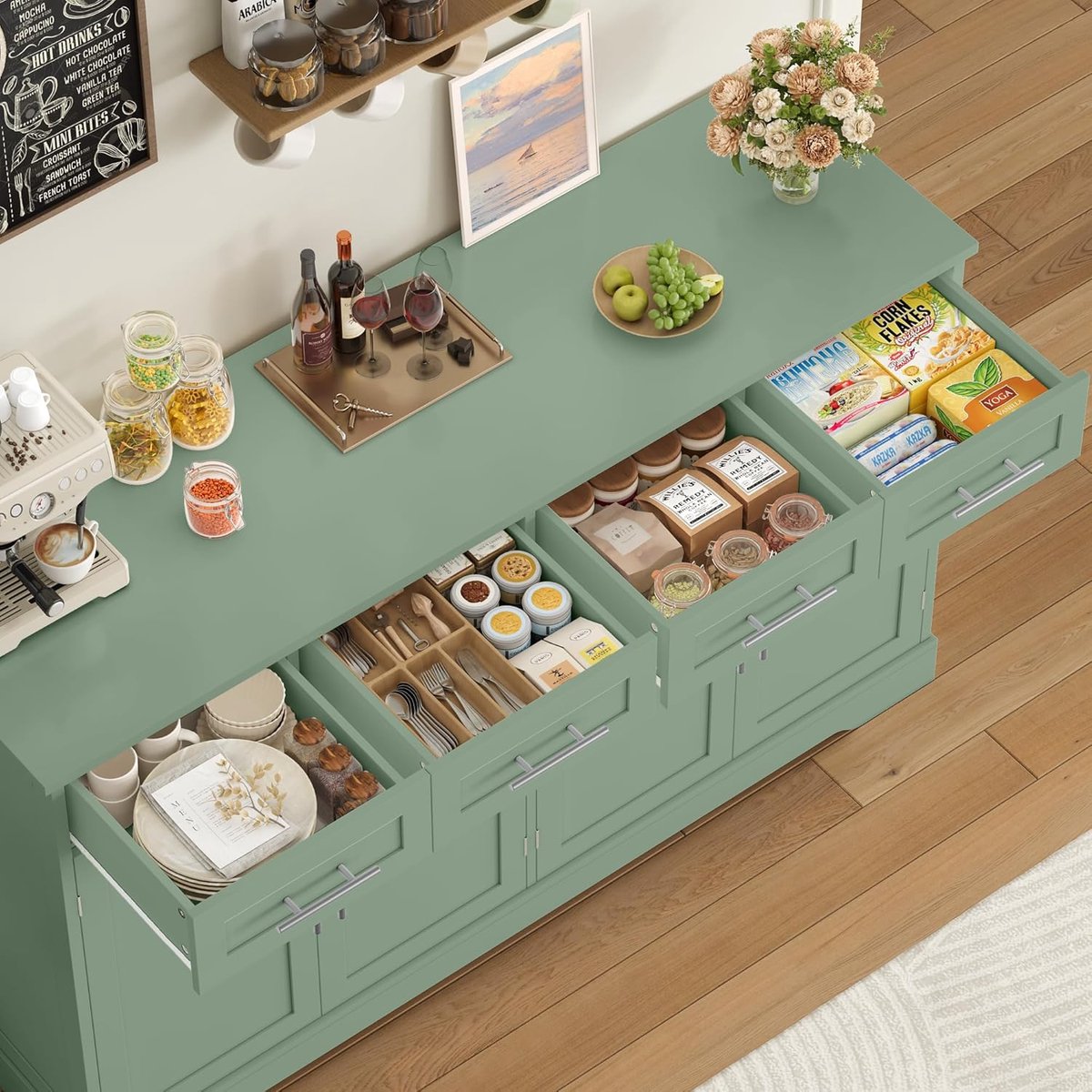 Emerald Heritage Grand-Sideboard XL met 4 Deuren, 4 Laden en Zilveren Beslag (150x40x92 cm)