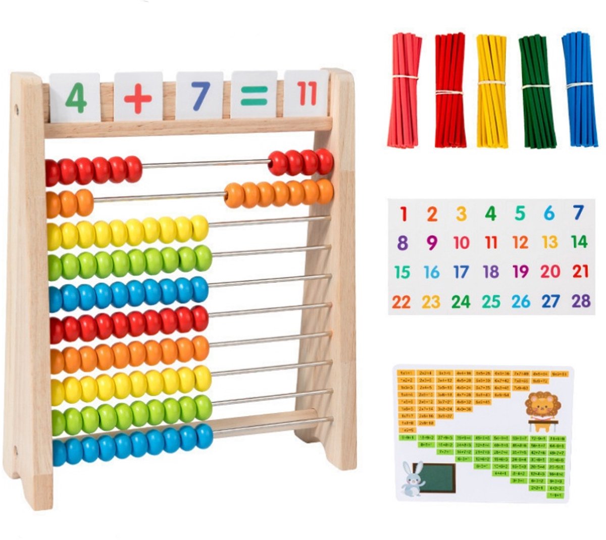 Houten Rekenraam voor Kinderen - Kleurrijke Parel Rekenmachine met 100 Telstokken, 110 Getalkaarten en Rekenformulekaart, Montessori Educatief Wiskunde Leerspeelgoed voor Kleuters en Basisschoolkinderen, Cadeau voor Jongens & Meisjes