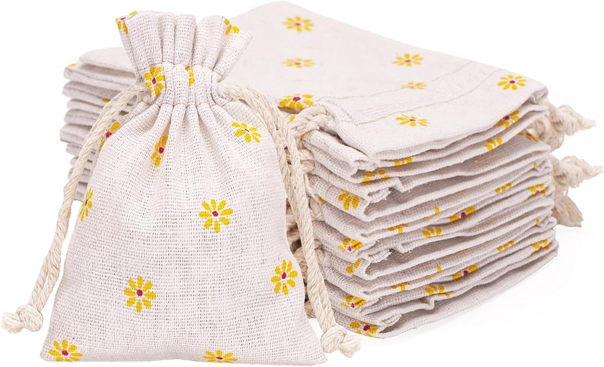 20 Stuks Kleine Linnen Tassen 9x12cm met Bloemenprint, Lavendel Trekkoord Tassen voor Cadeautjes en Accessoires