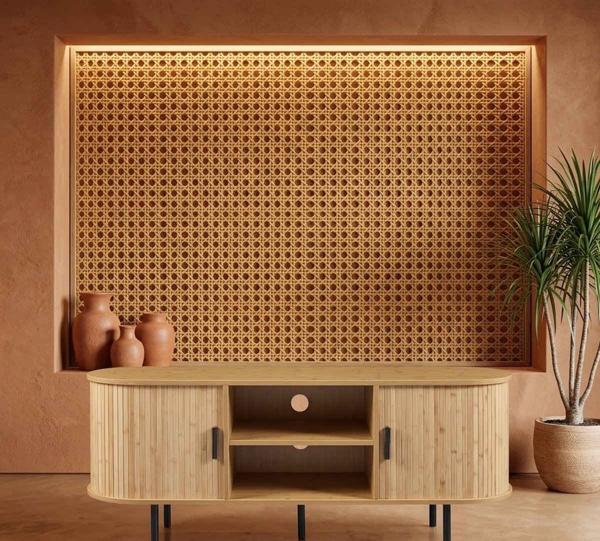 Nordvik Tveda Modern TV Meubel 140x40x55 cm met Schuifdeuren, Open Vakken en Kabelmanagement – Naturel/Zwart – Casa Dorada