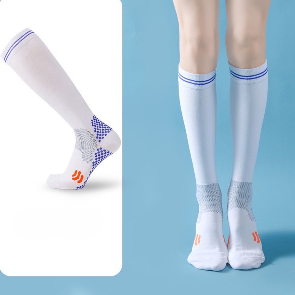 Unisex compressiekousen (1 paar), bevorderen de bloedsomloop, geschikt voor fietsen en hardlopen, springtouwkousen, antislip kniekousen voor binnensporten, Wit