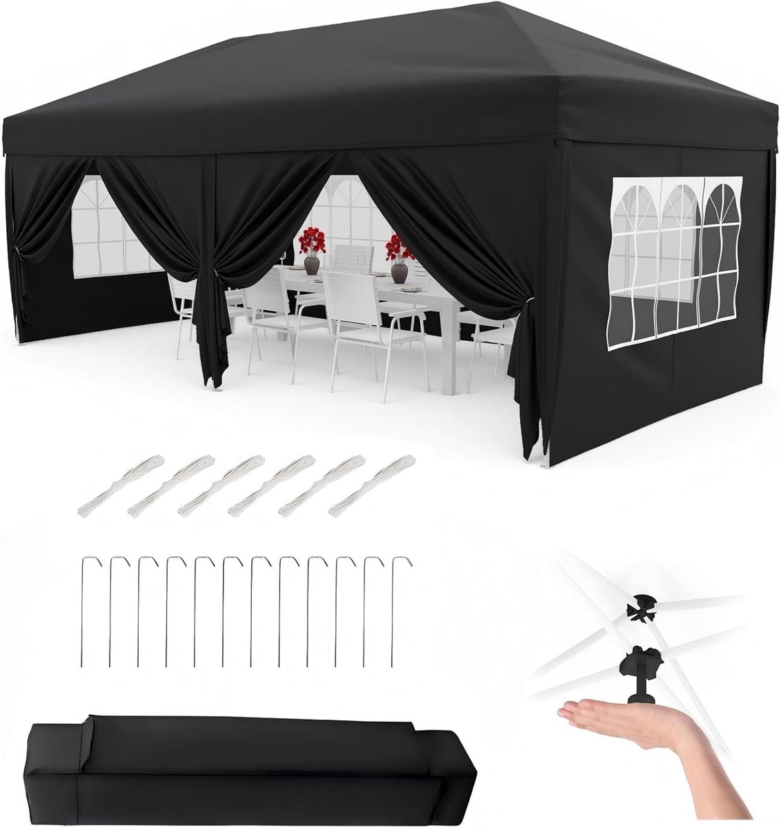 Opvouwbare 3x6m Partytent met 6 Zijwanden – Waterdicht & UV50+, in 3 Hoogtes Verstelbaar – Verstelbare Pop-up Luifel 420D Oxford met Draagtas – Zwart