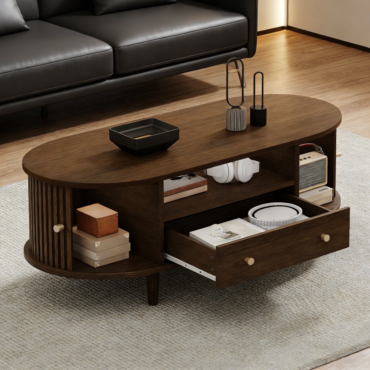 MIVRAY Salontafel - Ovaal Met Lade En Roldeur - Voor Woonkamer En Kleine Ruimtes- 100x50x36 Cm - MDF - Walnootkleur