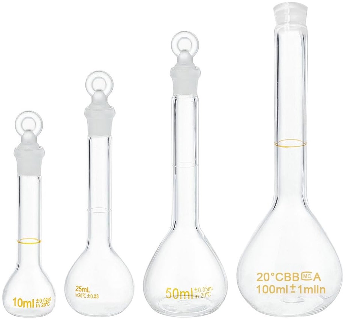 Store_8 - Maatflessen - Glazen Maatflesjes - Duurzaam en Chemisch Bestendig - 10 ml 25 ml 50 ml 100 ml - Laboratorium en Schoolprojecten - Set van 4