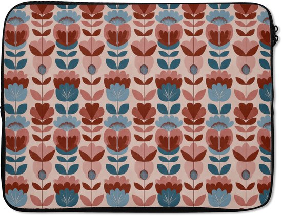 Housse d'ordinateur portable avec motif floral rétro répétitif en rose, marron et bleu.
