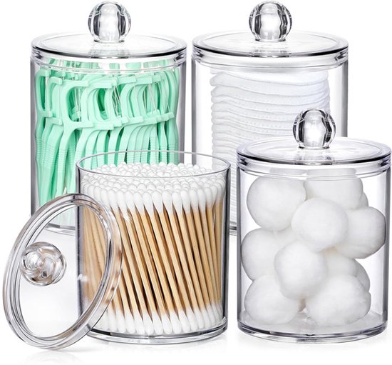 OLOEY 4-delige acryl organizer/dispenser set voor wattenstaafjes-geschikt voor wattenschijfjes-wattenstaafjes en tandzijde. Kleine-transparante acryl bakjes-ook geschikt voor het organiseren van medicijnflesjes-decoraties-cosmetica en accessoires.
