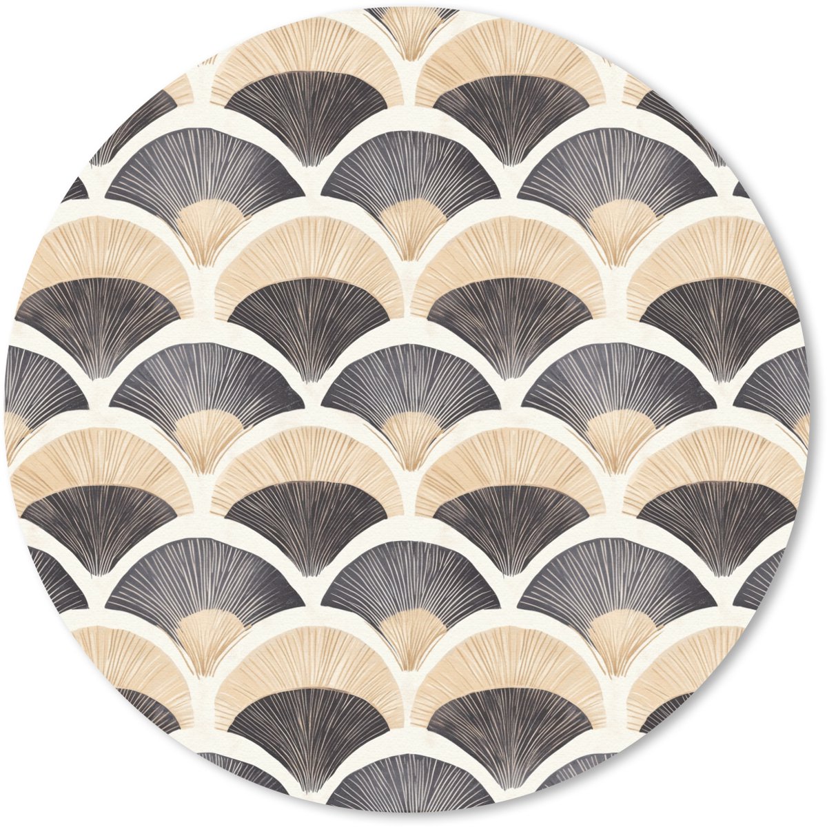 Muismat rond 30x30 cm - Mousepad Waaier - Patroon - Zwart - Beige - Ronde muismatten