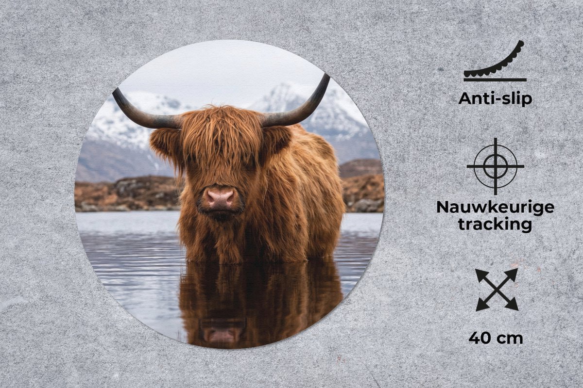 Muismat rond 40x40 cm - Mousepad Schotse hooglander - Bruin - Water - Ronde muismatten