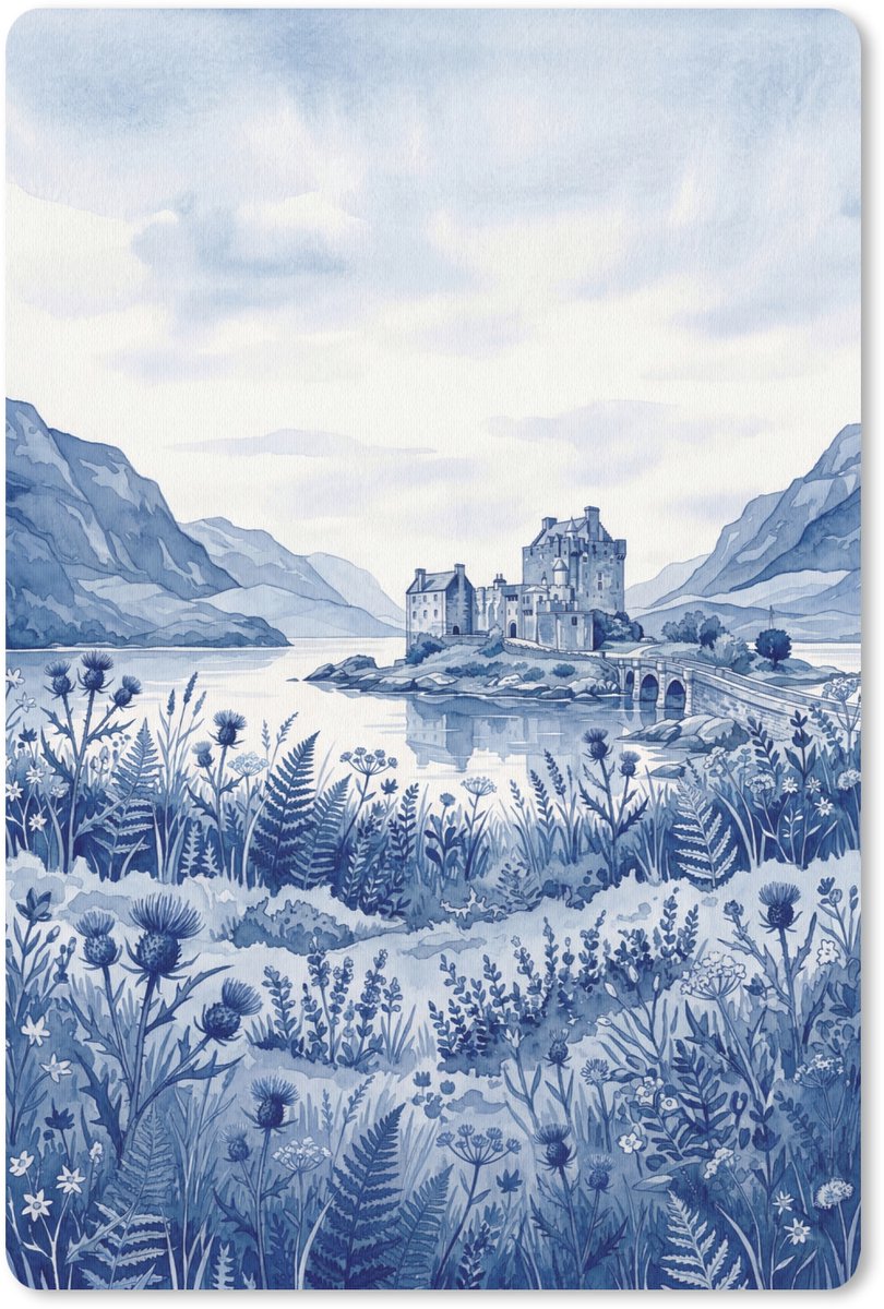 Muismat 13x20 cm - Mousepad Schots - Kasteel - Blauw - Aquarel - Muismatten