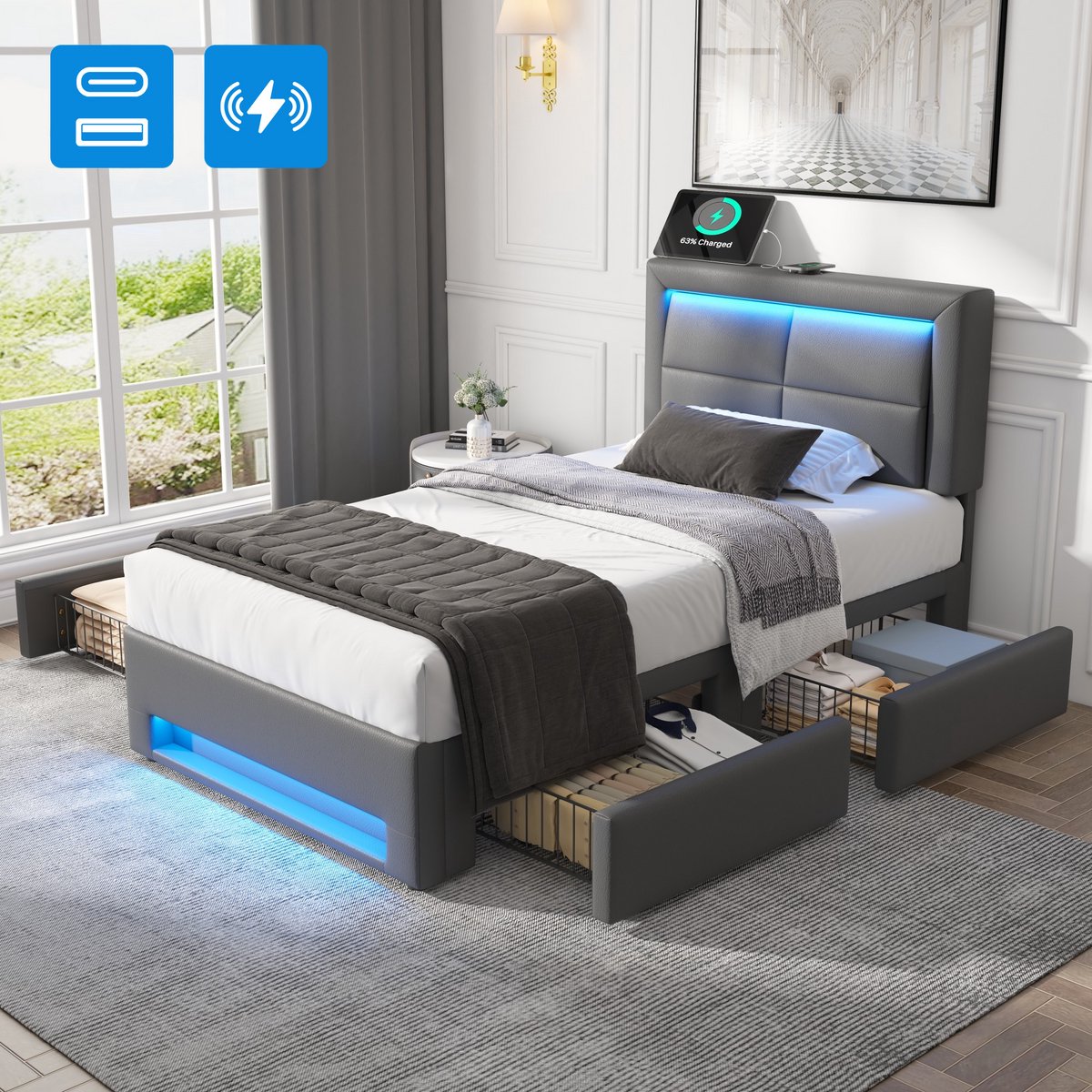 FloraGrace Gestoffeerd Bed 90x200 cm - Met USB Oplaadpunt en Led Verlichting - 4 Laden - Zonder Matras - PU - Grijs