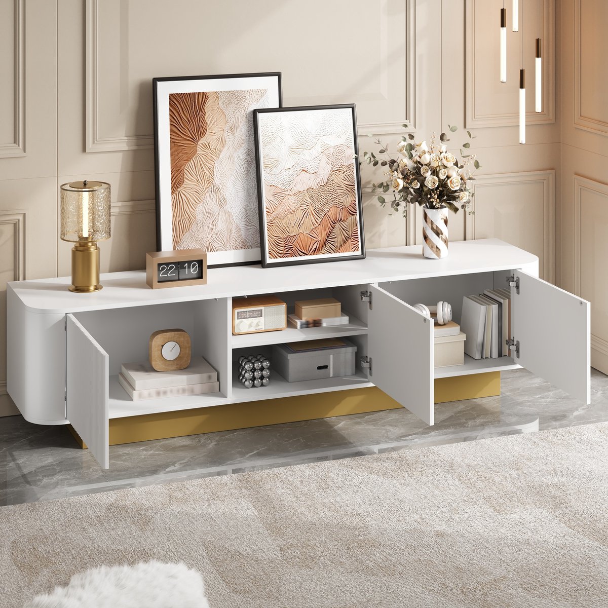 MIVRAY TV Meubel - Lage Mediakast Met 3 Deuren En Kabelbeheer - Opbergruimte Voor Woonkamer - MDF Spaanplaat - 170x40,5x47 Cm - Wit