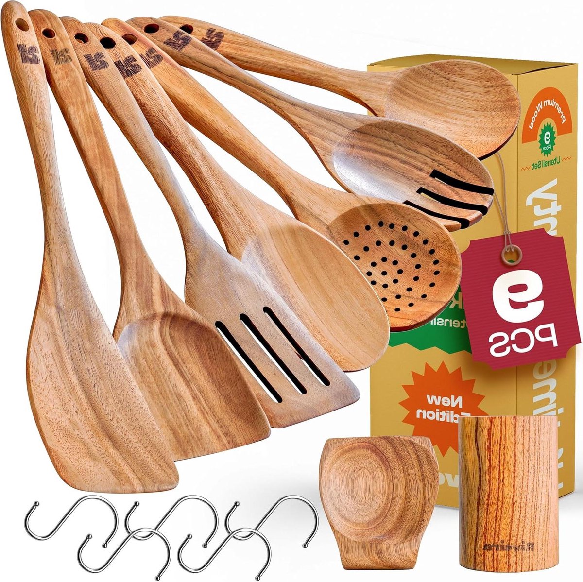 Houten kooklepels - Keukengerei set - Koken en bereiden - Teakhout constructie - 9-delig - Bruin