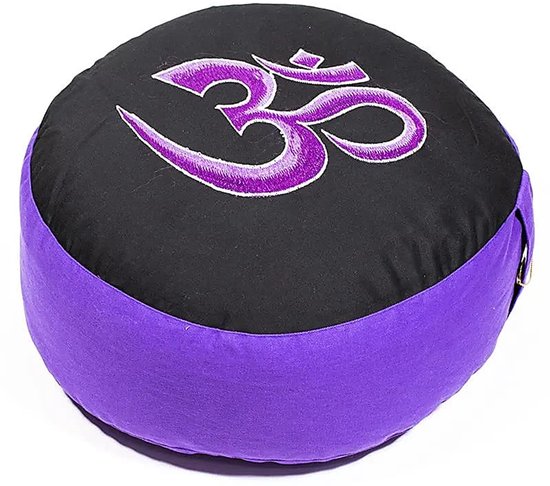 Meditatiekussen zwart/violet OHM geborduurd - Katoen - Boekweit - 33x17 - Zwart - Violet van Yogi & Yogini — afbeelding 2