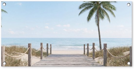 Tuinposter 80x40 cm - Tuindecoratie Palmbomen - Pad - Horizon - Poster voor in de tuin - Buiten decoratie - Schutting tuinschilderij - Tuindoek muurdecoratie - Wanddecoratie balkondoek