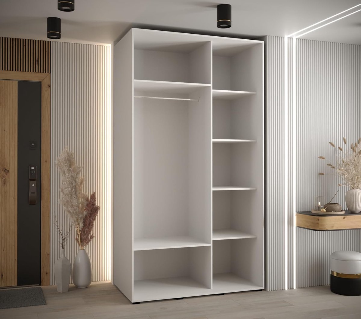 Cannes 7 Luxe Moderne Schuifdeur Kledingkast met Spiegel, Kledingrail en Planken – Design Opbergkast voor Slaapkamer, Woonkamer of Hal – 205,2 x 130 x 60 cm Wit/Zilver