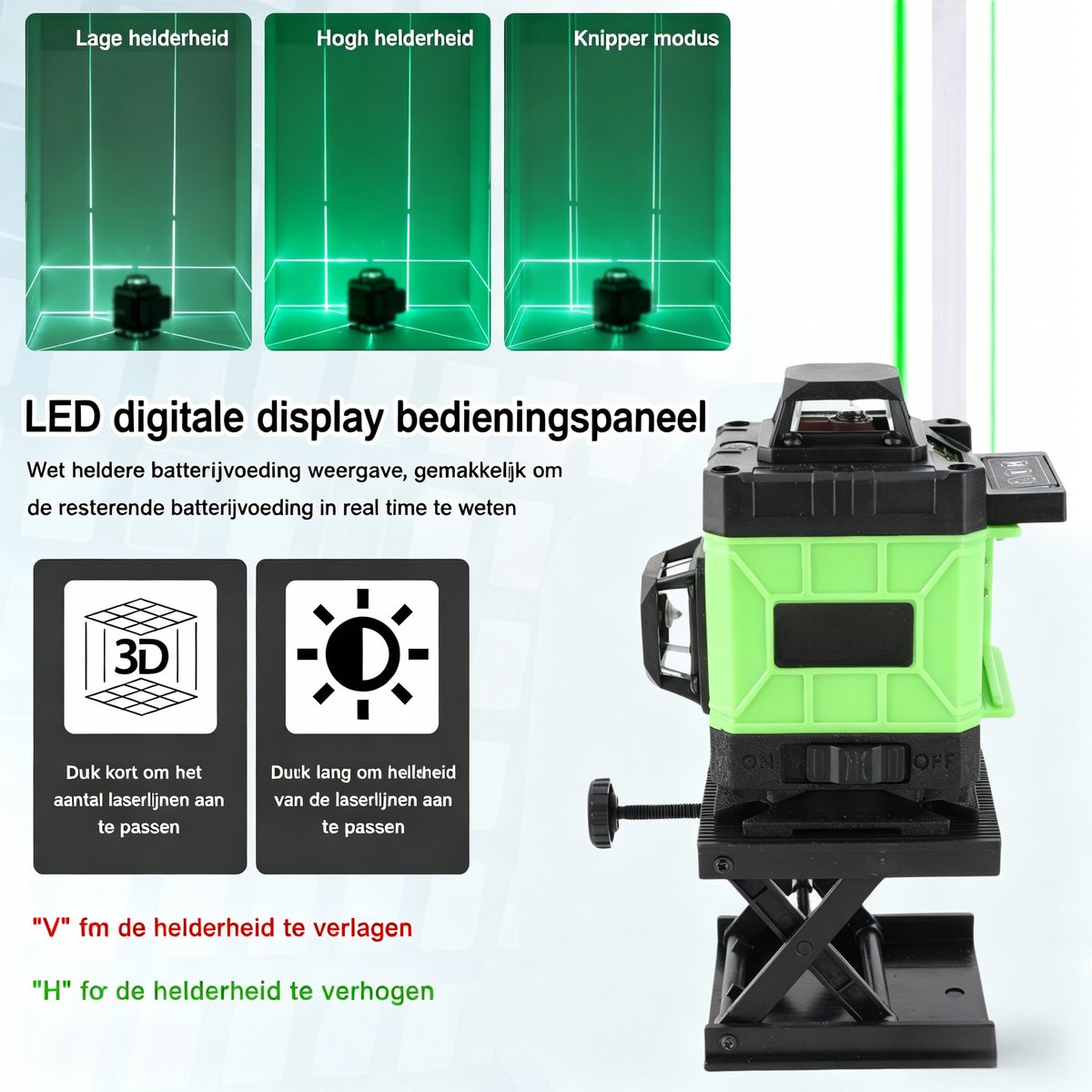 Kruislijnlaser - 16 Zelfnivellerend Bouwlaser - Inclusief Hefplatform & Draagkoffer - 360° - Laser Waterpas - Lijnlasers - 2 accu's - Groen
