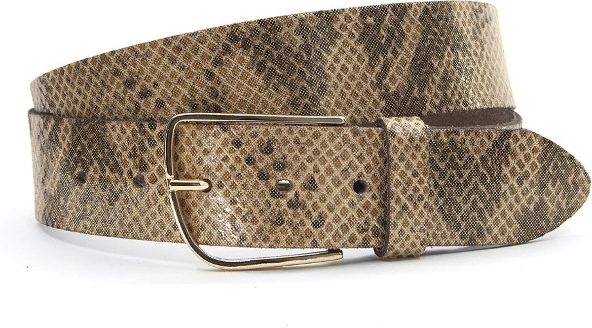 Dames riem bruin/ brons met slangenprint - 4 cm breed - Leer - Jeans riem - Casual - Maat 85
