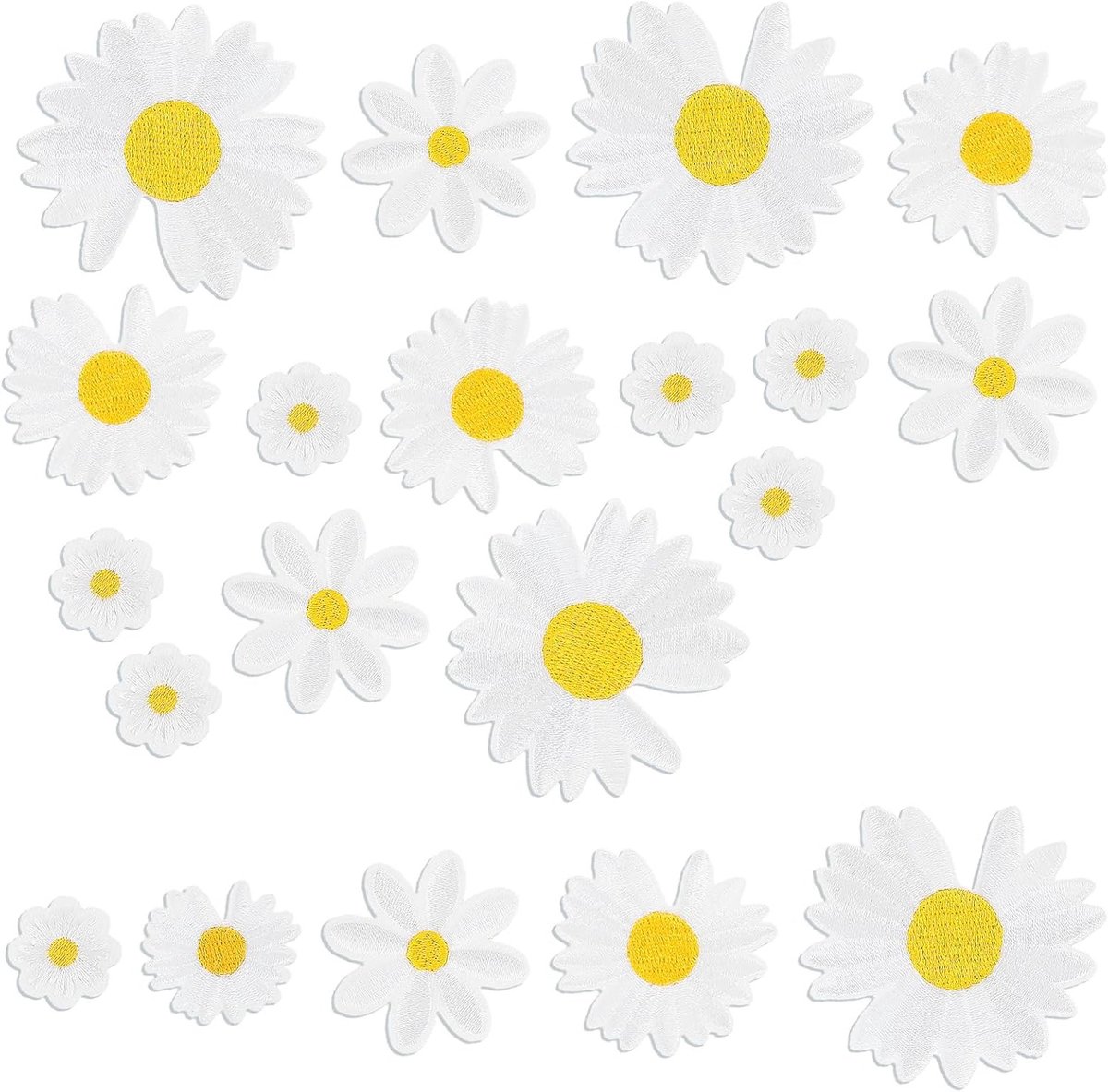 Geborduurde patches voor strijken - Daisy motief voor kleding, hoeden, jassen en rugzakken (5 maten) in wit en geel