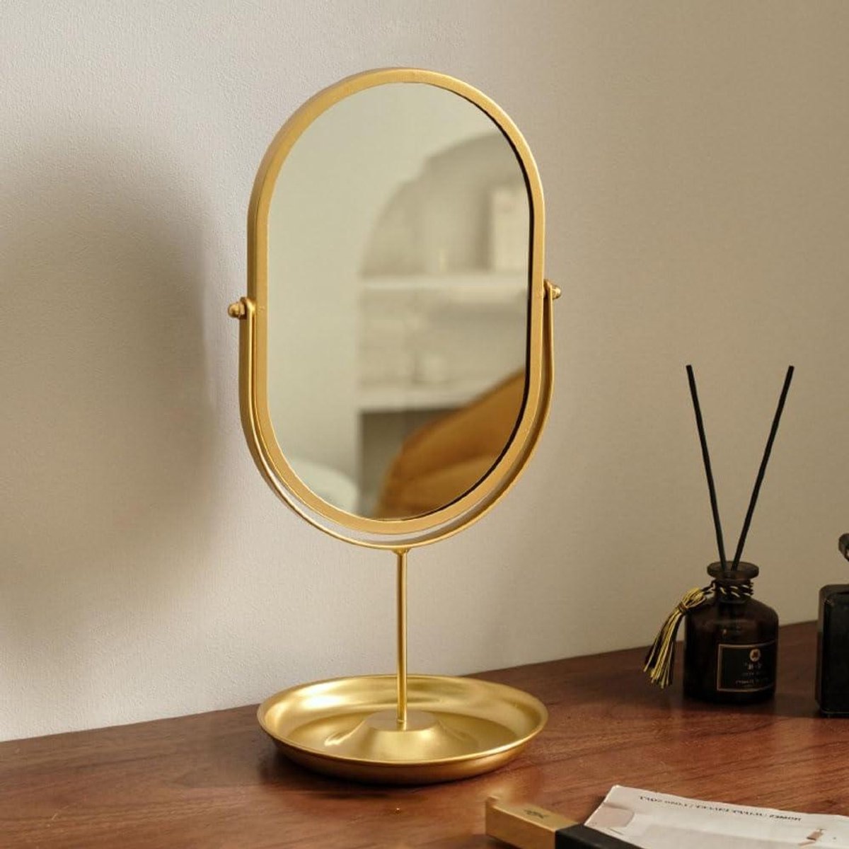 Bureauspiegel met Standaard - Make-up Spiegel Tafelspiegel - Make-up Aanbrengen - 360 Graden Draaibaar - 17x14x34 cm - Goud