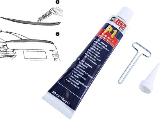 Zwarte kofferspoiler met installatiehandleiding en koker PU-lijm.
