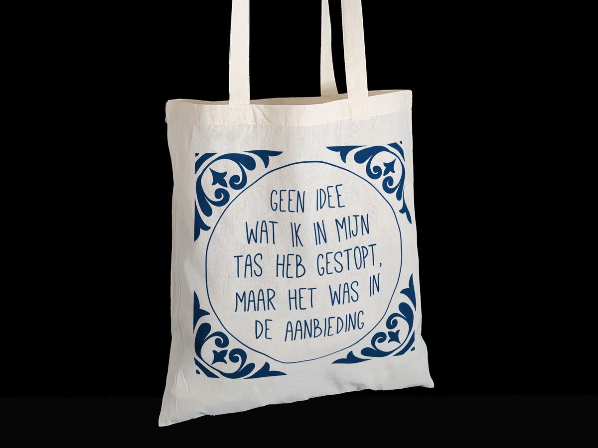 Canvas Shopper Tas – Grappige Tekst “Het Was In De Aanbieding” – 42x38 cm – Wit/Blauw – Katoenen Draagtas – Herbruikbare Tas