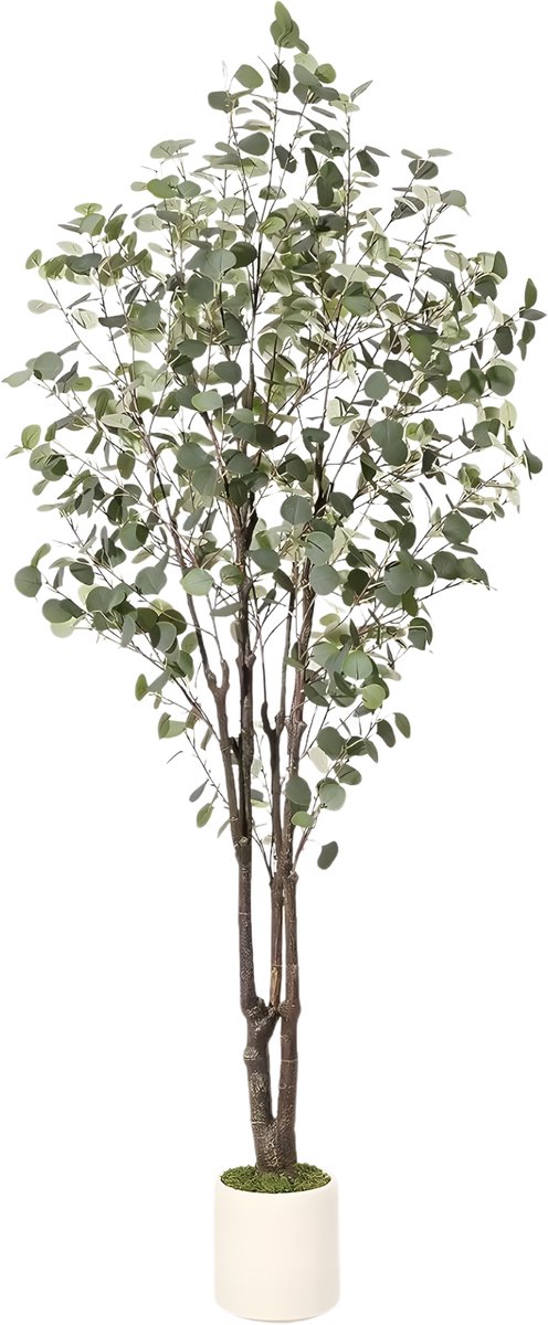 Happiq Kunstmatige eucalyptusboom - Voor thuiskantoor - Decoratieve kamerplant met LED-verlichting - Groen met witte plantenbak - Groen-210cm