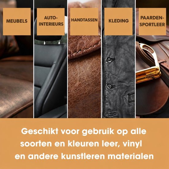 Collage van leerproducten: meubels, auto-interieur, handtassen, kleding en paardensportleer. Geschikt voor alle soorten en kleuren leer, vinyl en kunstleer.