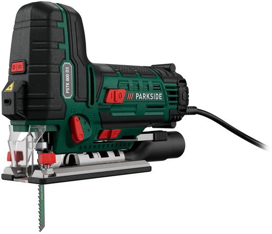 Zwarte en groene Parkside decoupeerzaag PSTK 800 D3 met lasergeleiding en LED-werklamp.