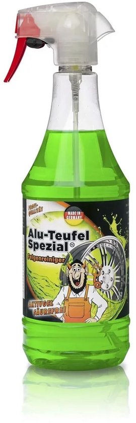 Groene ALU-Teufel spuitfles met rode spuitkop. Label toont cartoon rode duivel en een velg. "Made in Germany".