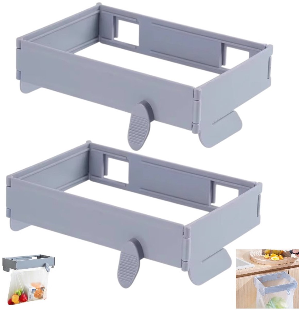 2 stuks - Opvouwbare Afvalzakhouder - Opvouwbare vuilniszakhouder - vuilniszakhouder - Hangende vuilniszakhouder - voor keukens - campers - buitenlocaties - grijs - 18,5 x 12,5 cm