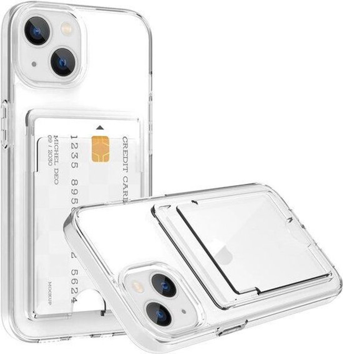 Doorzichtig Crystal Hoesje Geschikt voor iPhone 13 & 14 – Met Pasjeshouder – Hybrid Case (Harde Backcover & Flexibele Randen) – Transparant