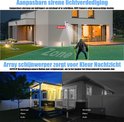 Beveiligingscamera met sirene en spotlicht. Toont menselijke detectie in de tuin, dag en nachtzicht.
