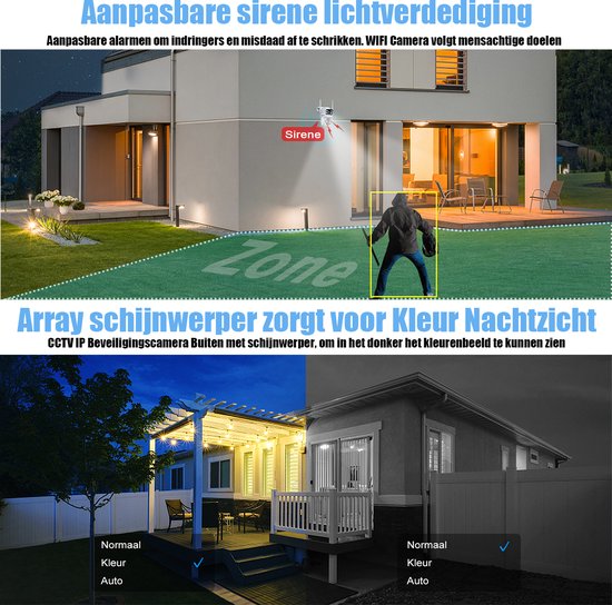 Beveiligingscamera met sirene en spotlicht. Toont menselijke detectie in de tuin, dag en nachtzicht.