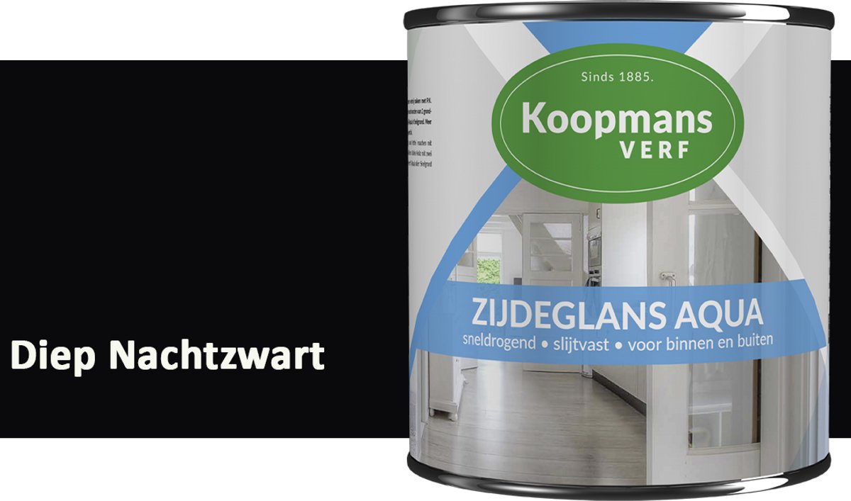 Koopmans Zijdeglans Aqua Lakverf – Zijdeglans houtlak voor kozijnen, deuren en meubels – Binnen & buiten – Watergedragen en sneldrogend – Diep Nachtzwart – 750 ml