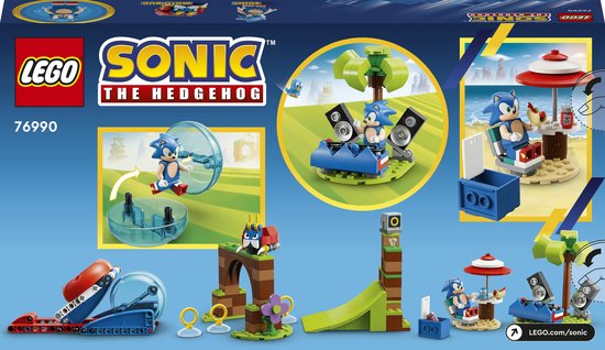 LEGO Sonic the Hedgehog 76990 doos met Sonic in een bal, een lanceerbaan, een loop en een strandscène.