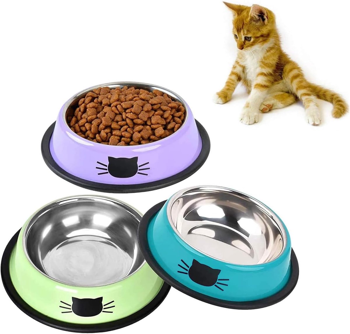 OLOEY Kattenbakken-kleurrijke voerbakken van roestvrij staal-antislip waterbakken voor huisdieren-voerbakken voor puppy's-set van 3 metalen kattenbakken(blauw/paars/groen)