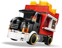 LEGO City snackbartruck. Rode truck met zwarte cabine, gouden frietjes bovenop, zwevend.