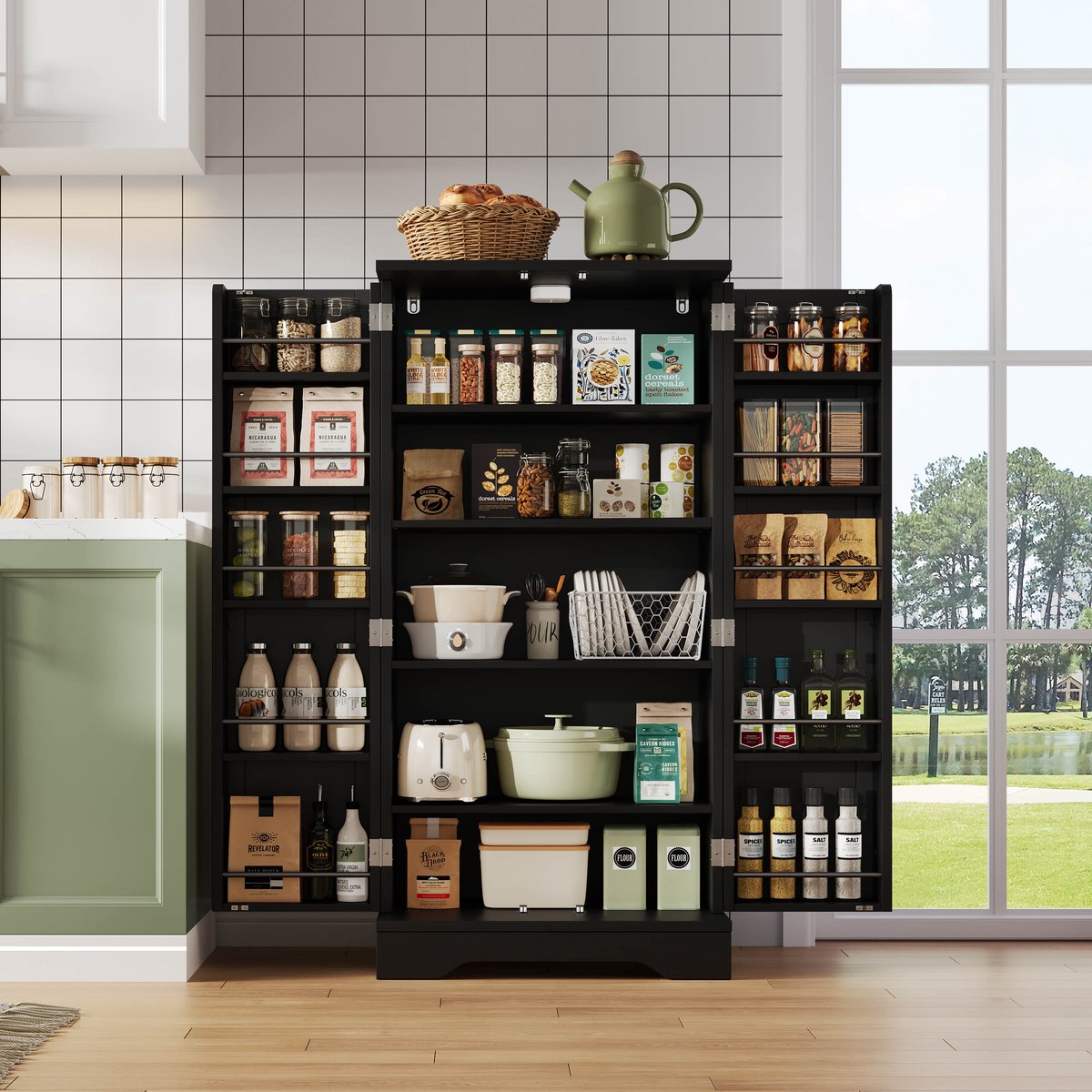 Intebiki keukenkast - keukeneiland - buffetkast - keukenkast organizer - 120 x 60 x 40 cm – met led – opbergkast – met verstelbare planken en deurrekken – geschikt voor de keuken, eetkamer of woonkamer – apothekerskasten – zwart — cadeau in Cadeau-ideeën - foto 8