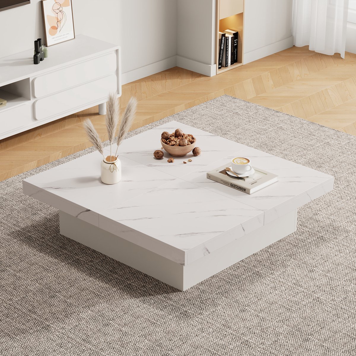 FloraGrace Salontafel - Schuifbaar Blad En 4 Laden - Modern Voor Woonkamer - Spaanplaat Met Marmerlook - 90x90x25 Cm - Wit