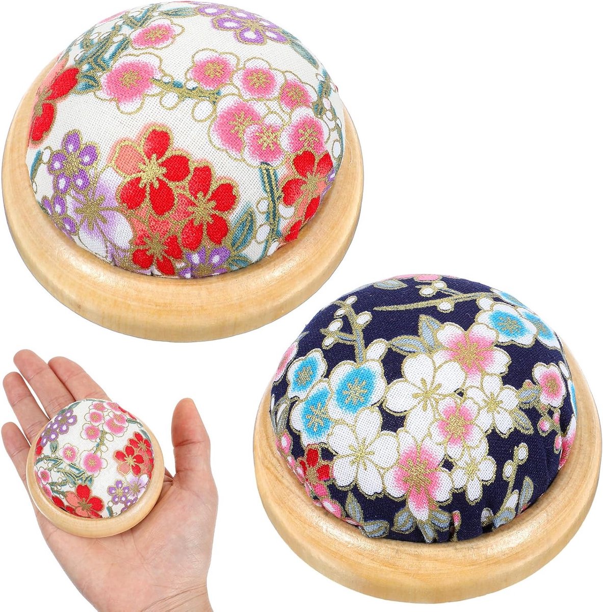 Set van 2 Japanse Stijl Naaldenkussens met Houten Basis en Katoenen Bloem voor Naaien en Handwerk