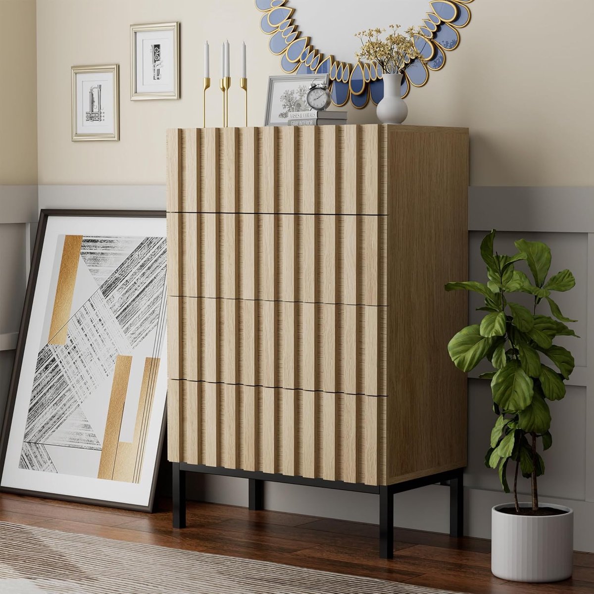 Commode 6 Laden 73x100x35 cm Smalle Houten Opbergkast met Metalen Poten Moderne Slaapkamer Kast Naturel Urbanhome
