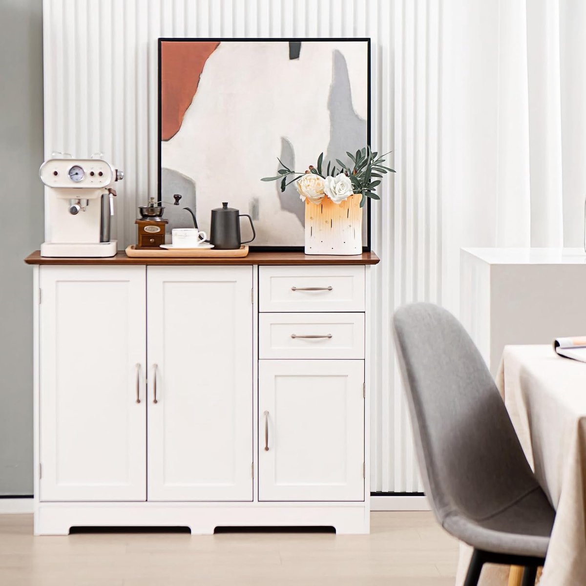Dressoir met Werkblad, 2 Laden en 2 Deuren 100x40x78 cm – Wit Keukenkast met Verstelbare Planken en Opbergruimte – Buffetkast / Keukeneiland – Urbanhome