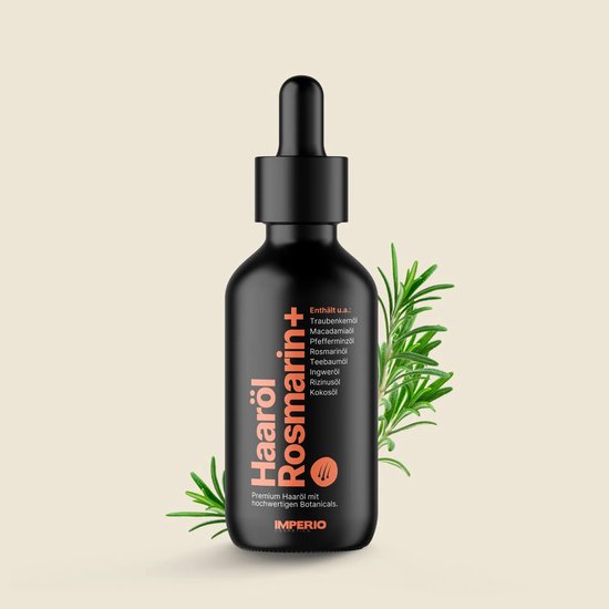 Zwarte fles met druppelaar, label 'Haaröl Rosmarin+'. Twee takjes rozemarijn. Tekst: Enthält u.a.: Traubenkemöl...